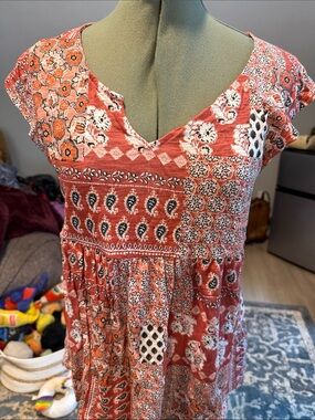 Lucky Brand Rust Red Patchwork V-Neck Short Sleeve Top
